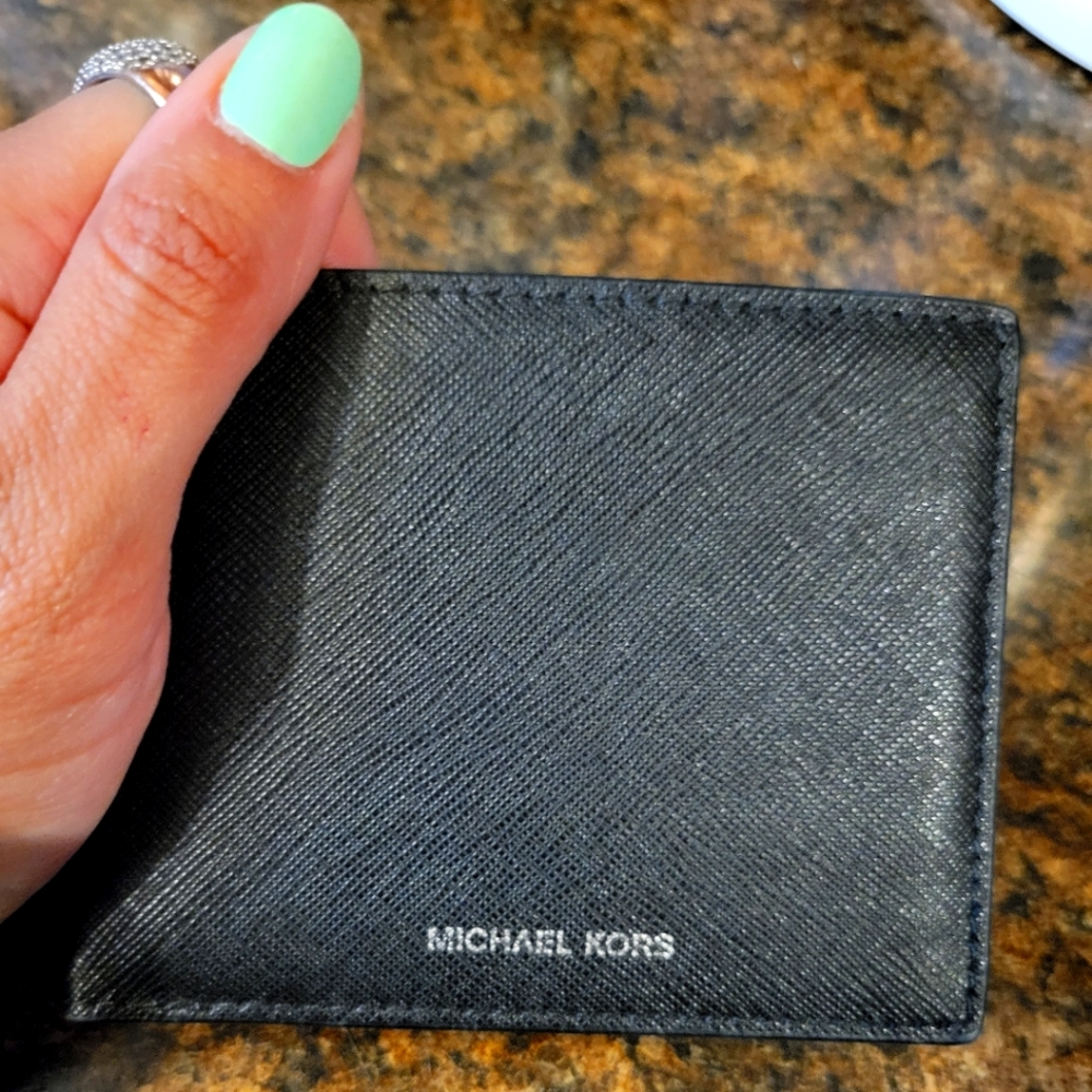 Michael Kors Black Cross Grain Saffiano Leather Slim Wallet Billfold